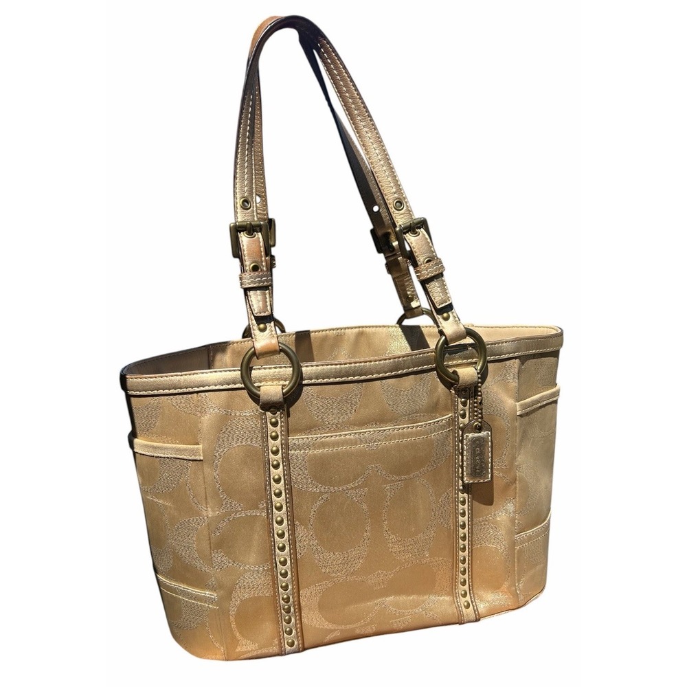 Coach 11505 Metallic Signature C Gallery Tote Gold Studded Y2K Shoulder Bag